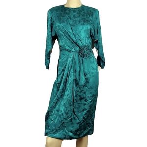 S.T.G Vintage Teal Floral Pencil Silk Dress Womens size 6